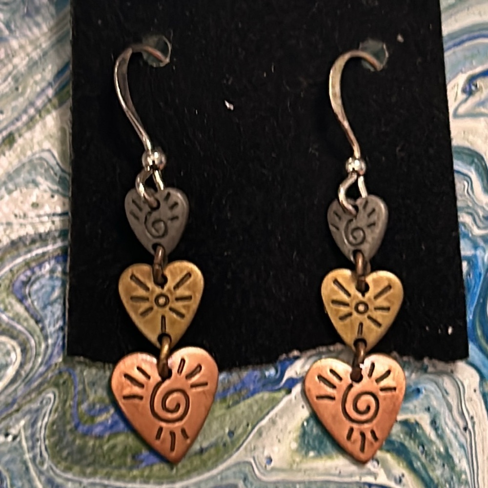 Triple tier, heart earrings, mixed metal, stacked, dangle, rustic, heart drops